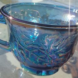 VINTAGE INDIANA GLASS CO. CARNIVAL PUNCH BOWL "CUPS" IRIDESCENT  BLUE HARVEST GRAPE