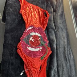 Red Sequin Lip Design Bodysuit