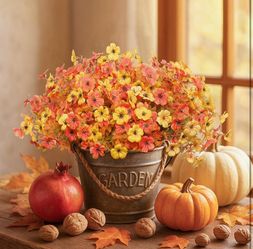 Brand New: 12 Bundles Faux Mums for Outdoor Planters,Uv Resistant Artificial Fake Flowers Plants, Realistic Fall Decor for Porch, Patio, Yard (OrangeY
