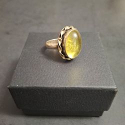 Vintage Connemara Marble Yellow Cabochon Silver-tone Ring Ireland Origin Size 7.5