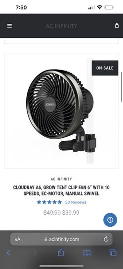CLOUDRAY A6, Grow Tent Clip Fan 6” with 10 Speeds, EC-Motor, Manual Swivel