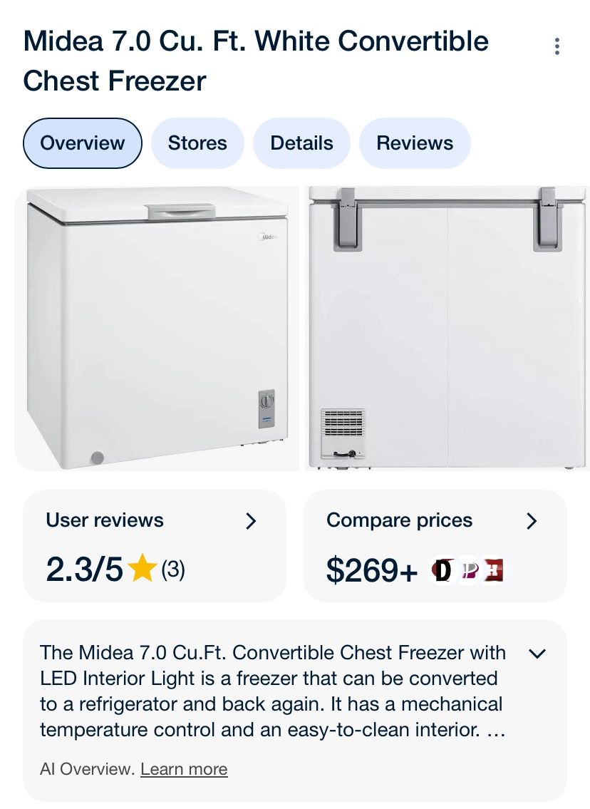 Midea 7.0 Cu. Ft. Convertible Chest Freezer / Fridge - Works Great!