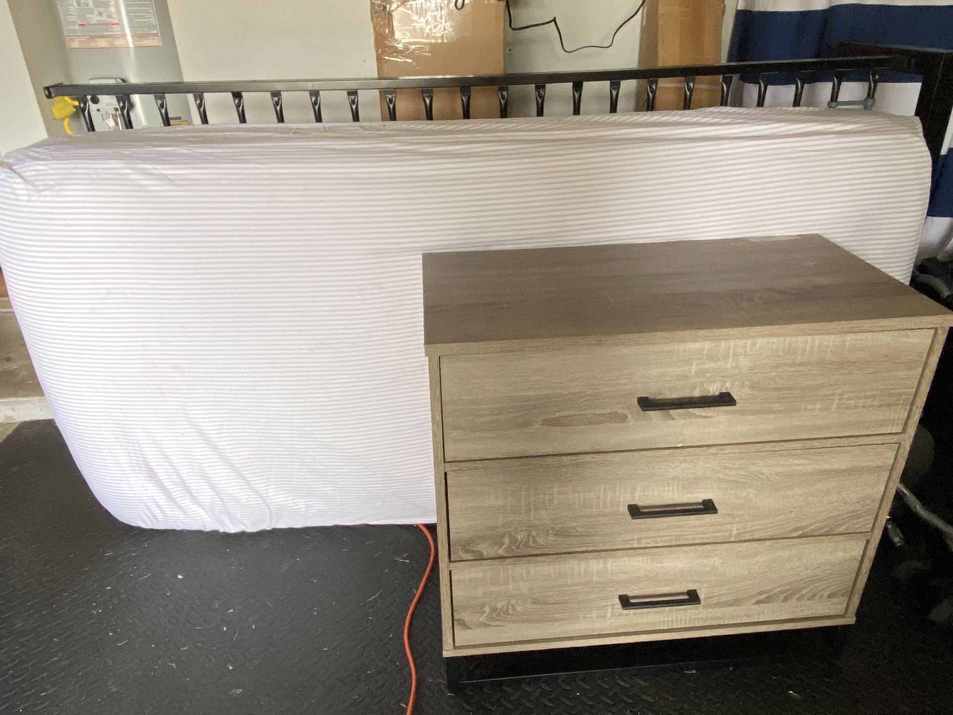 Twin Bed Mattress, Black Metal Frame and Three Drawer Chest