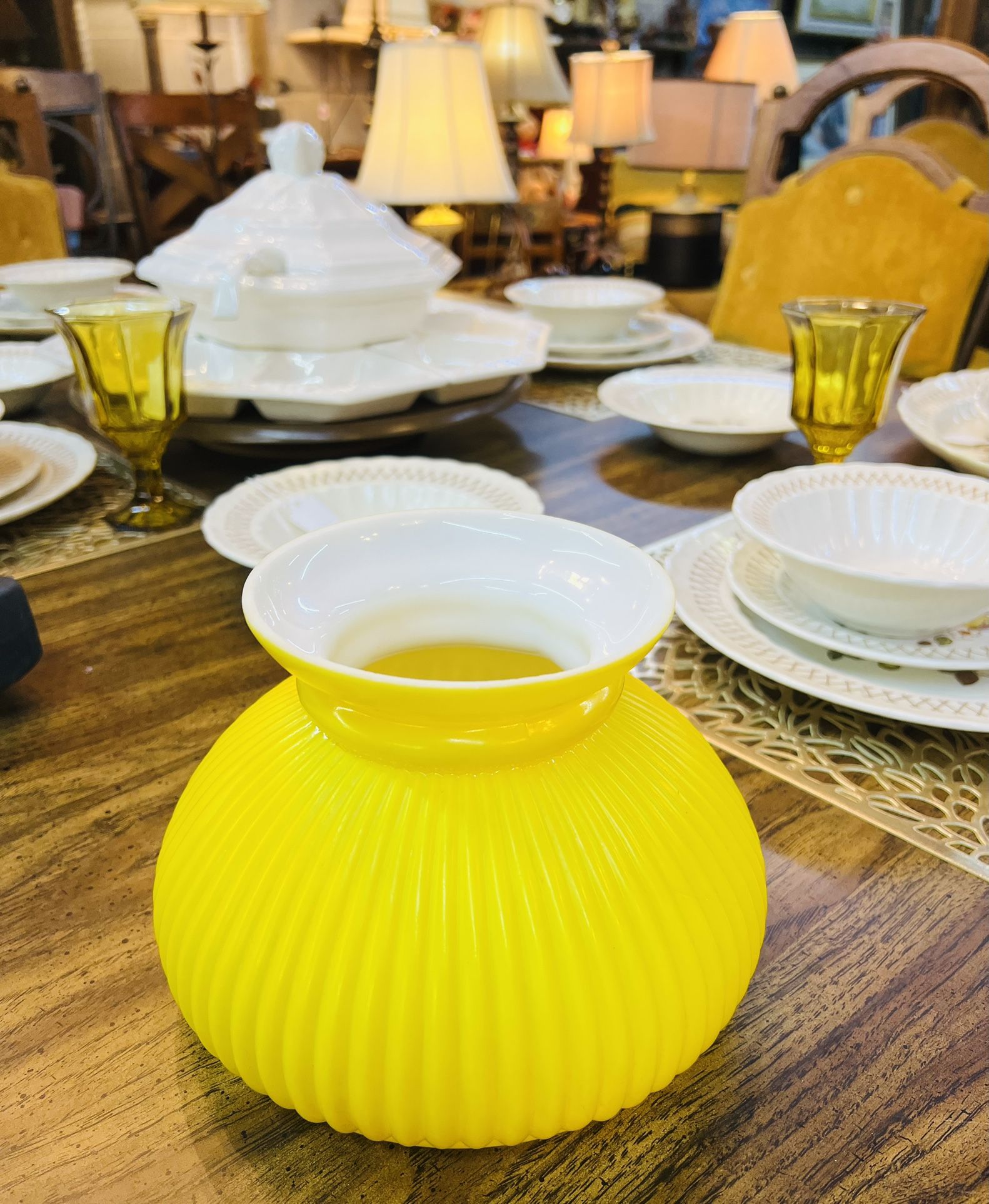 VTG  Yellow and White Opal Glass Ribbed Student Lamp Shade 7” Tall 