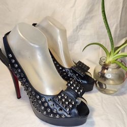 CHRISTIAN LOUBOUTIN #33975 Black Platform Studded Slingback Heels SIZE 41/10

