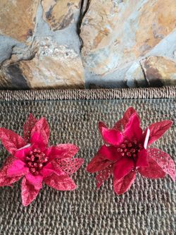Pair Of Red Velvet Poinsettia 6.5 Inch, Clip Ons With Glitter Accents