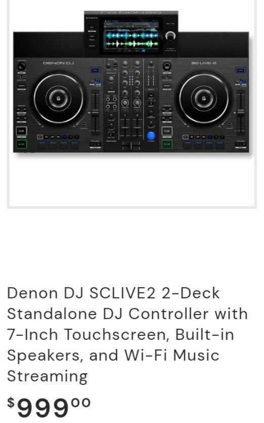 Denon DJ SCLIVE2 2-Deck Standalone DJ Controller with 7-Inch Touchscreen, Built-in Speakers, and Wi-Fi Music Streaming