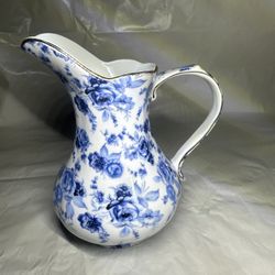 Antique Reflections By J. Godinger & Co.  Blue Flowers Gold Trim Pitcher 8" Tall