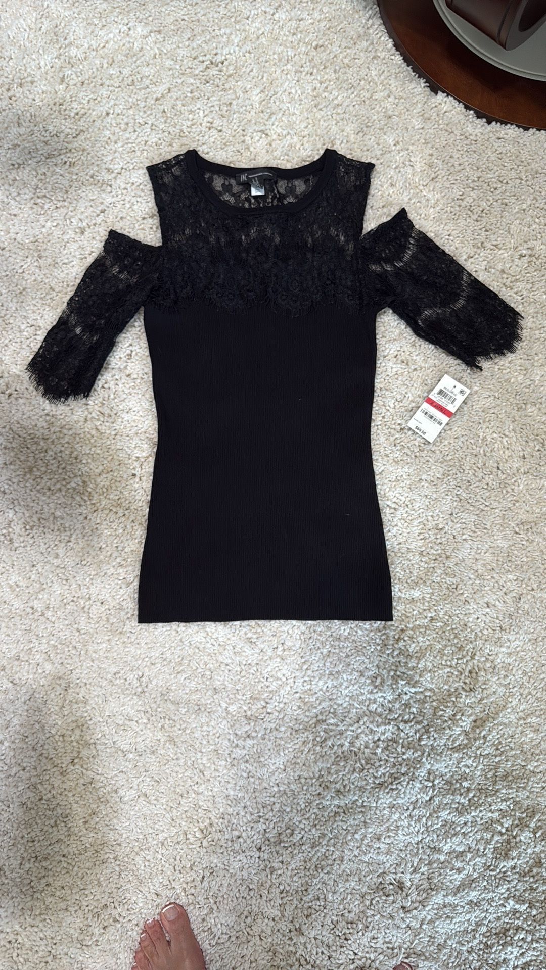 Elegant Black Lace open Shoulder Top INC XSMALL but fits a small MACYS NEW dress shirt