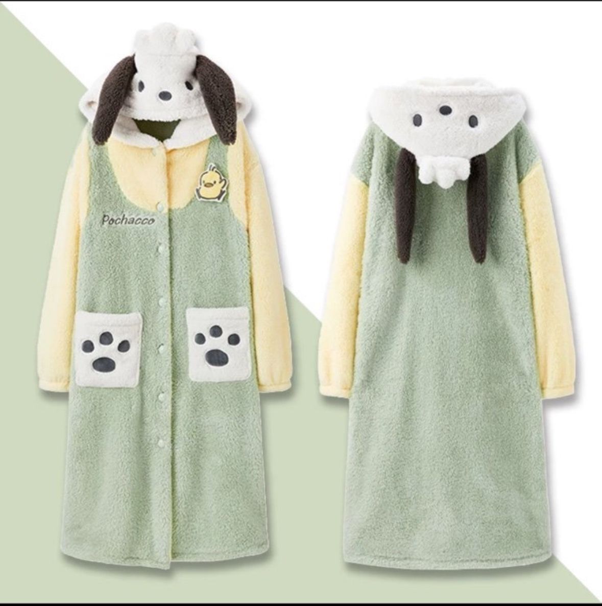 Brand new super warm pochacoo Plush Pajamas soft green and yellow Cozy Night Gown Cosplay Sleepwear Hoodie Robe