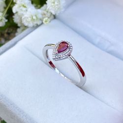 NEW! 0.25CT Pear Cut Natural Red Ruby & Genuine Diamond Promise Ring, Please See Details 🌹