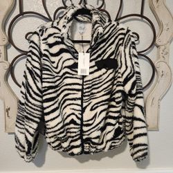 Revolve X Plush Zebra Sherpa Mock Neck Fleece Womens Teddy Bear Jacket