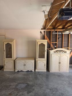 Cream Wood Cabinet Set with Glass Display Towers