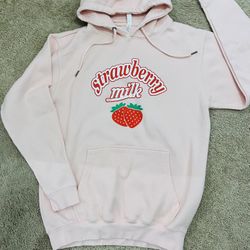 Pink Oversized Strawberry Milk Sweatshirt with Hoodie & Pockets 