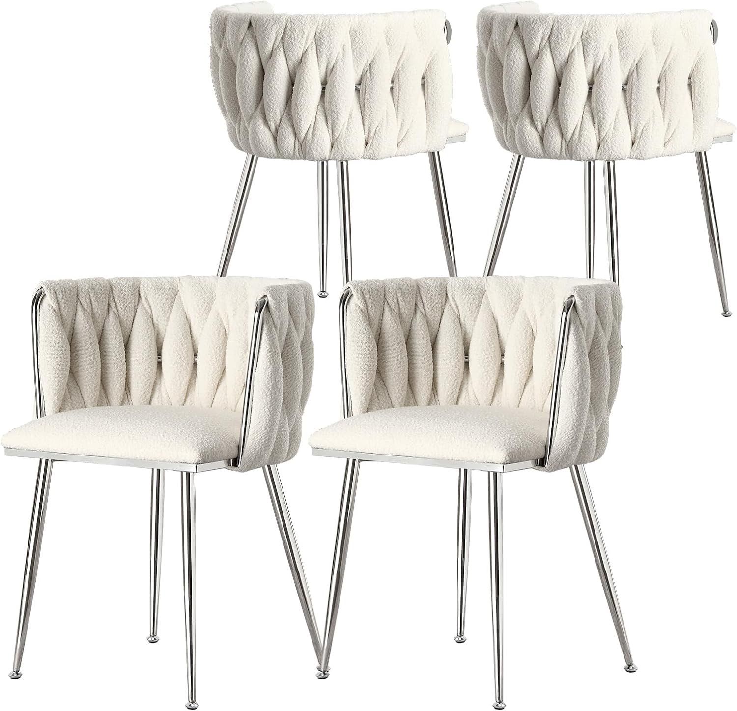 423  Upholstered Boucle Dining Chairs Set of 4, Modern Living Room Chair with Woven Back and Silver Metal Legs, Mid-Century Accent Side Chair for Dini