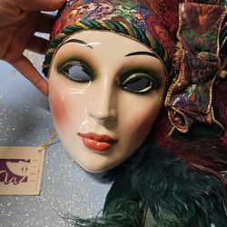 Vintage Clay Art Ceramic  Mask 1998s With Feathers 19inch W Tags Very Rare 