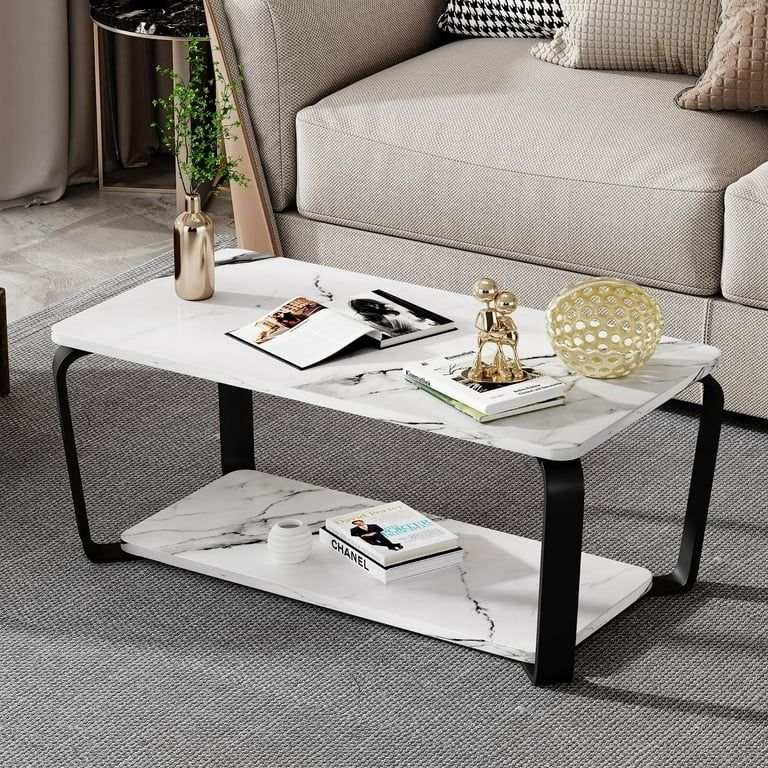 Home Coffee Table, White Faux Marble Coffee Table with Storage Shelf for Small Apartment Living Room