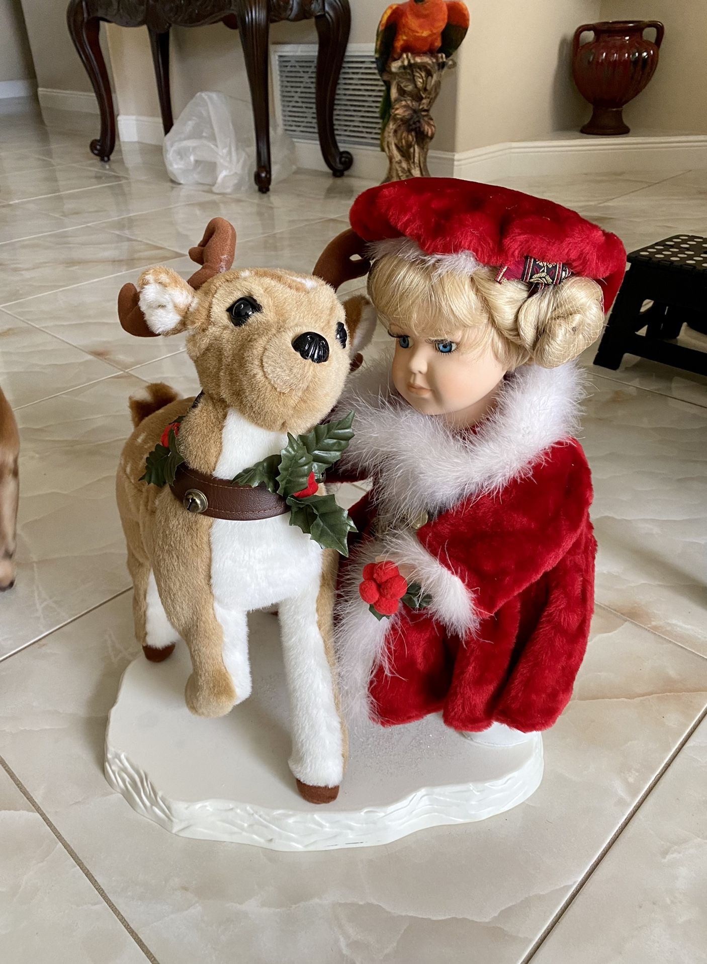 Christmas Porcelain Doll With Reindeer