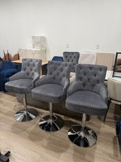 Adjustable Velvet Bar Stools Set of 3 with Back, Gray Adjustable Counter Height Barstools with Back for Kitchen Island