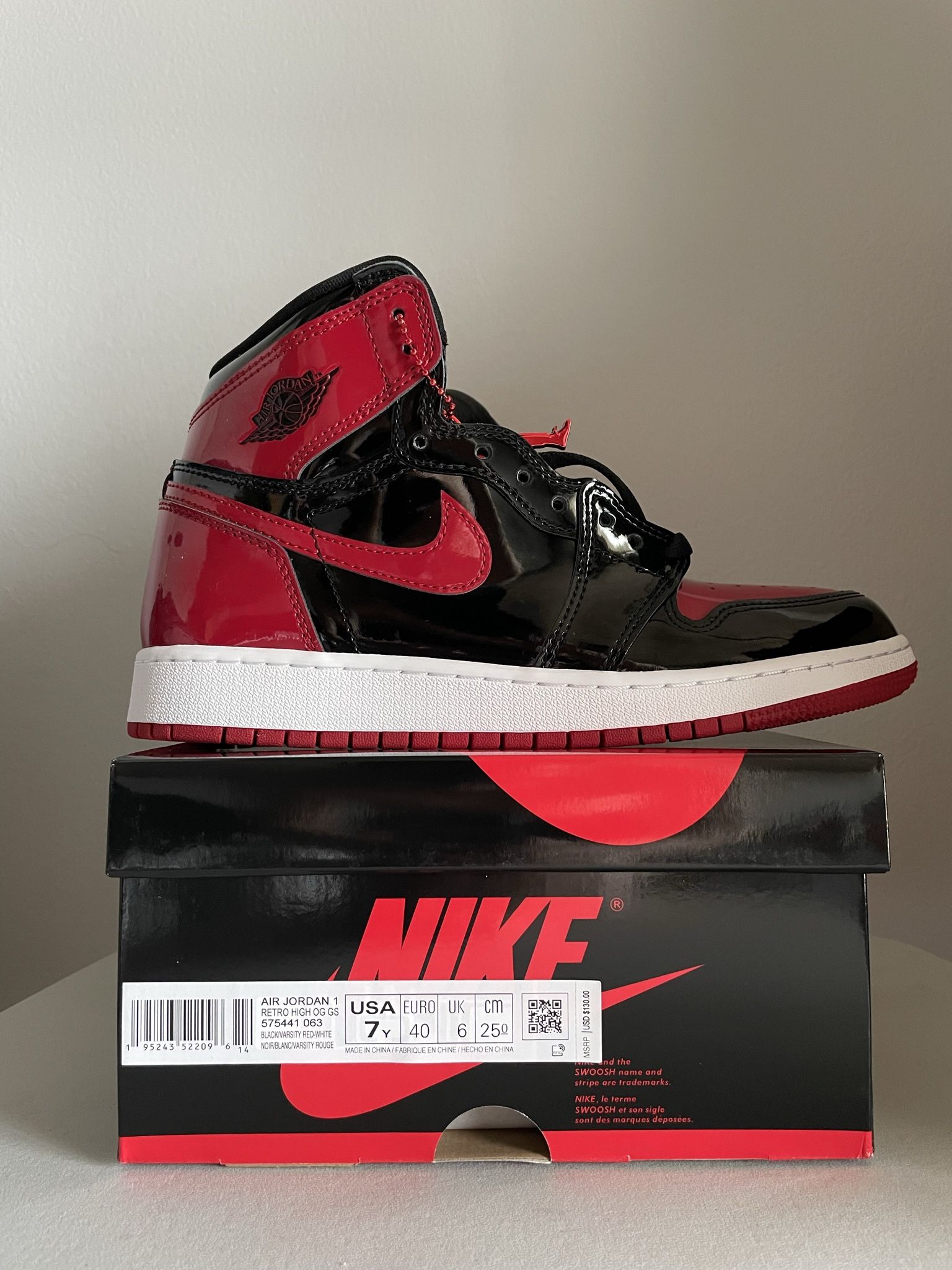 Jordan 1 High Patent Bred - 7Y