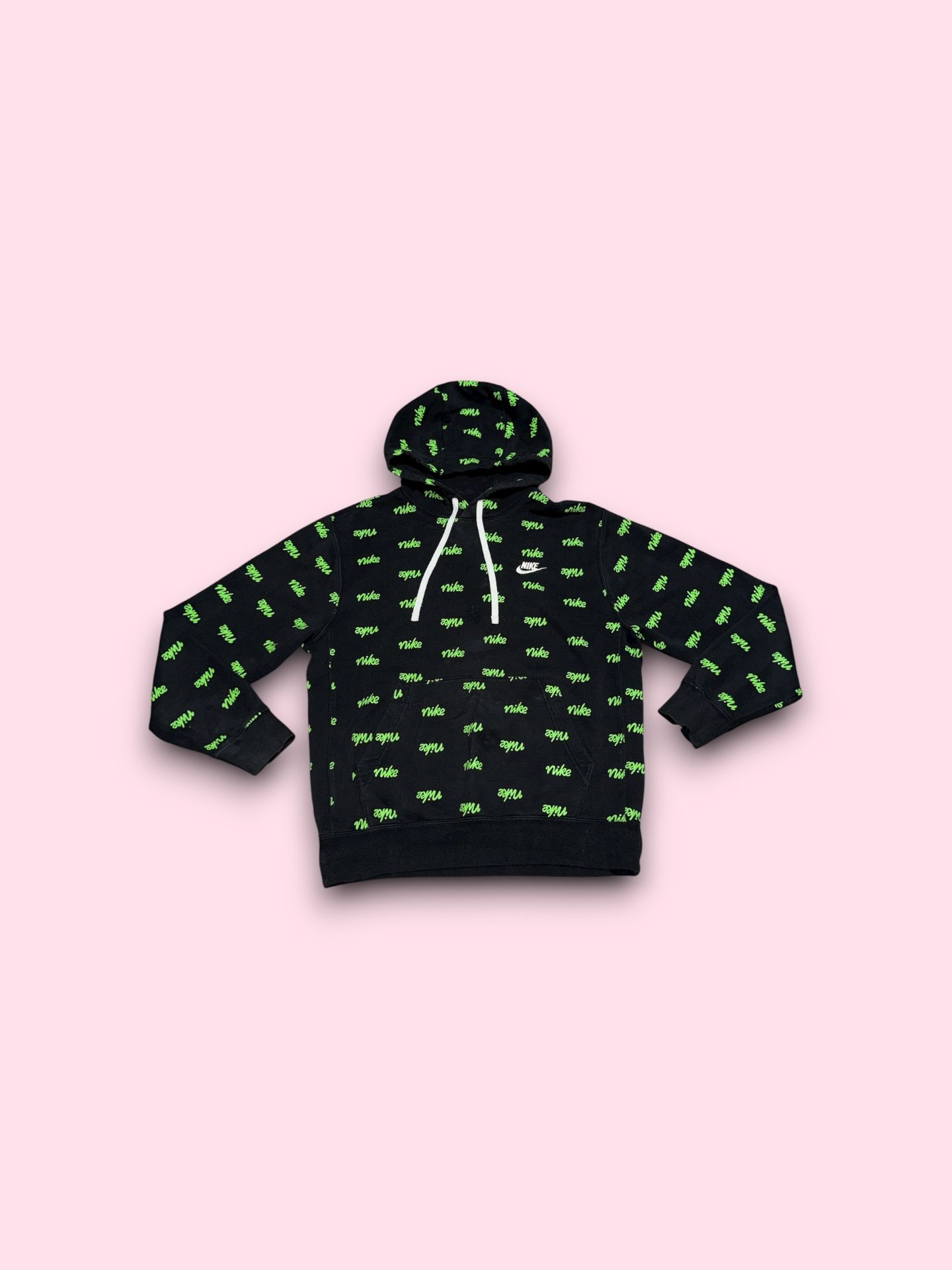 Nike Club Script Hoodie Mens Small Black Mean Green Sweatshirt Pullover