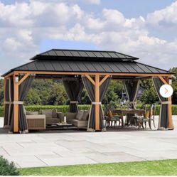 Ultra Series 12 ft. x 20 ft. Permanent Hardtop Gazebo With Solar LED Lights, Mosquito Nettings, Wood Looking