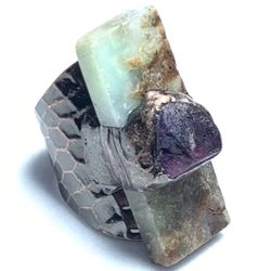 Vintage Inspired Adjustable Copper Ring With Natural Australian Stone And Amethyst.