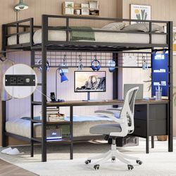 DICTAC Full Over Twin Bunk Bed with Desk and Charging Station Metal Full Over Twin Size Bunk Bed with Led Lights,Storage Shelves and Drawers,Bunk Beds