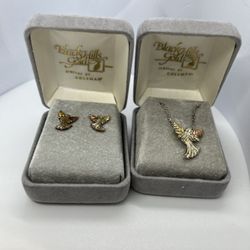 BLACK HILLS GOLD CCO 12KT & STERLING SILVER  NECKLACE & angel PENDANT &EARRINGS