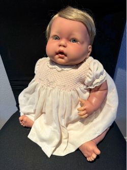 Vintage Berenguer Weighted Baby Doll Blonde Blue Eyes White Smocked Dress