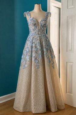 Elegant Blue Floral Lace Gown – Size 2–4