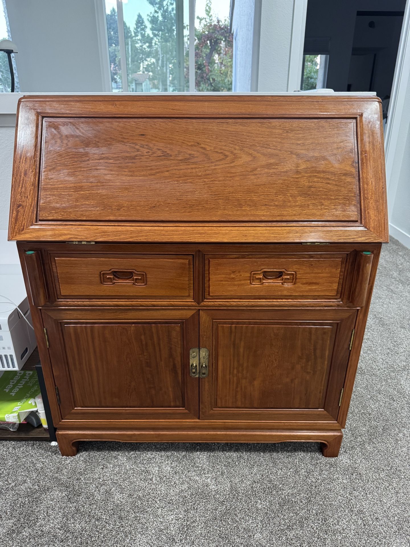 Solid Wood Antique Secretary Desk with Chair