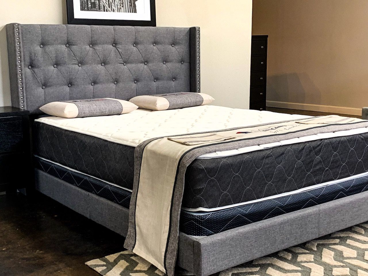 Full Gray Nailhead Bed With Plush Mattress And Box Spring (SE HABLA ESPAÑOL) Free Delivery