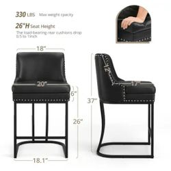 Black Faux Leather Upholstered Counter Height Bar Stool with Double Cushion Counter Stool Set of 2