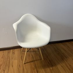 Emma + Oliver White Plastic Chair with Arms and Wooden Legs