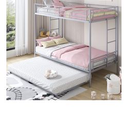 Metal Twin Over Twin Bunk Beds with Trundle Bed for Kids Adults Teens,