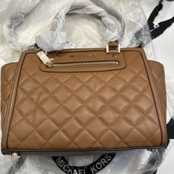 Michael Kors Medium Walnut Leather Handbag Selma Zip Quilt Satchel