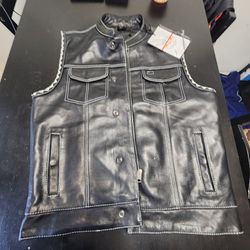 Milwauke MLM3507 Old Glory Laced Arm Holes Black Motorcycle Leather Vest for Men with Grey Stitching
