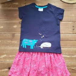 5T-6 GIRLS 2-PIECE OUTFIT NAVY FARM ANIMAL TEE W/FUSCHIA FLORAL COTTON SKIRT BUILT-IN BIKER SHORTS