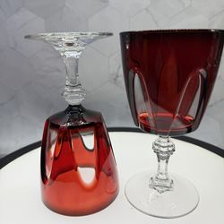 Set of (2) Gorgeous Crystal Gothic Ruby Red Wine Glasses by Cristal d'Arques,  Made in France between 1973 and 2006.  Gothic Arches with clear crystal