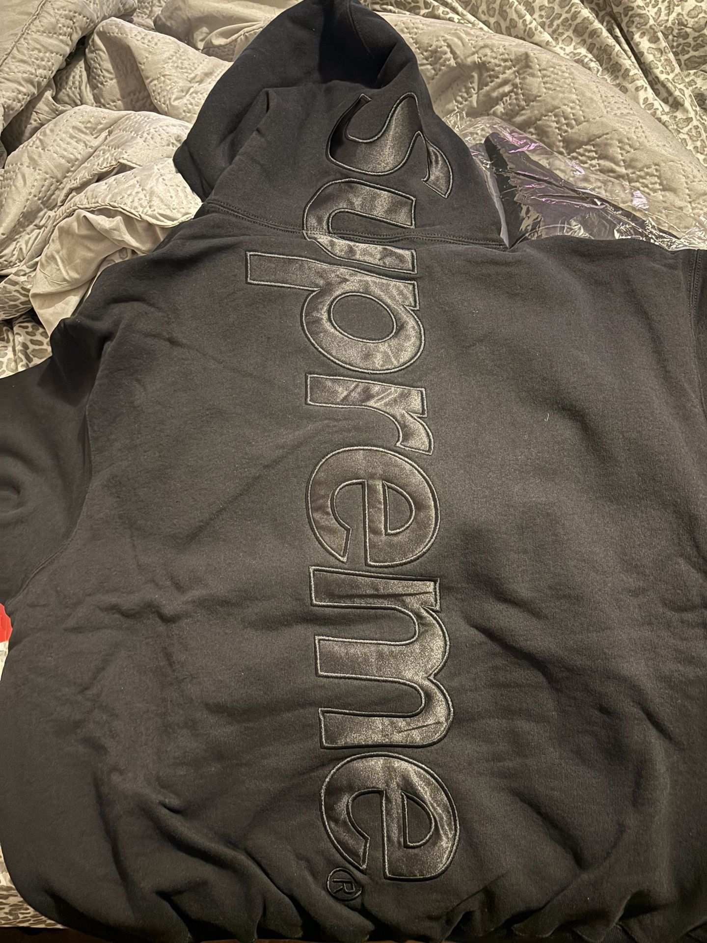 Supreme Satin Appliqué Hooded Sweatshirt Black for Sale in New