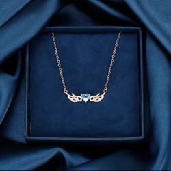 925 Sterling Silver Angel Wings CZ Heart Pendant-necklace in Rose Gold 