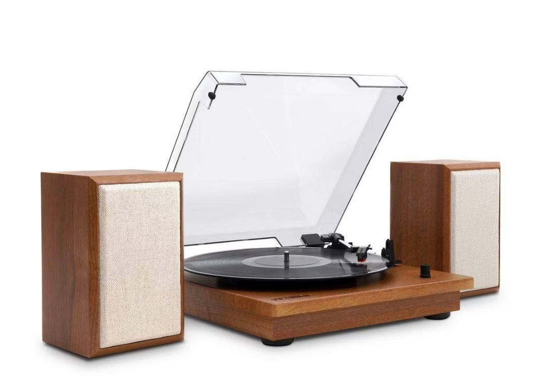Victrola The Kingfield Bluetooth Record Player Shelf System with Bookshelf Speakers: Belt Drive, 3-Speed, 3.5mm Jack