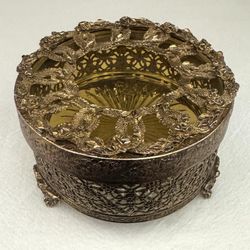 Gorgeous Vintage Round Footed Jewelry Trinket Box Amber Glass Lid Roses Gold Tone Metal Filigree