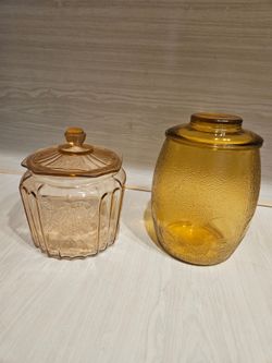 Pair of Vintage Glass Cookie Jars – Pink Floral & Amber Textured Canisters