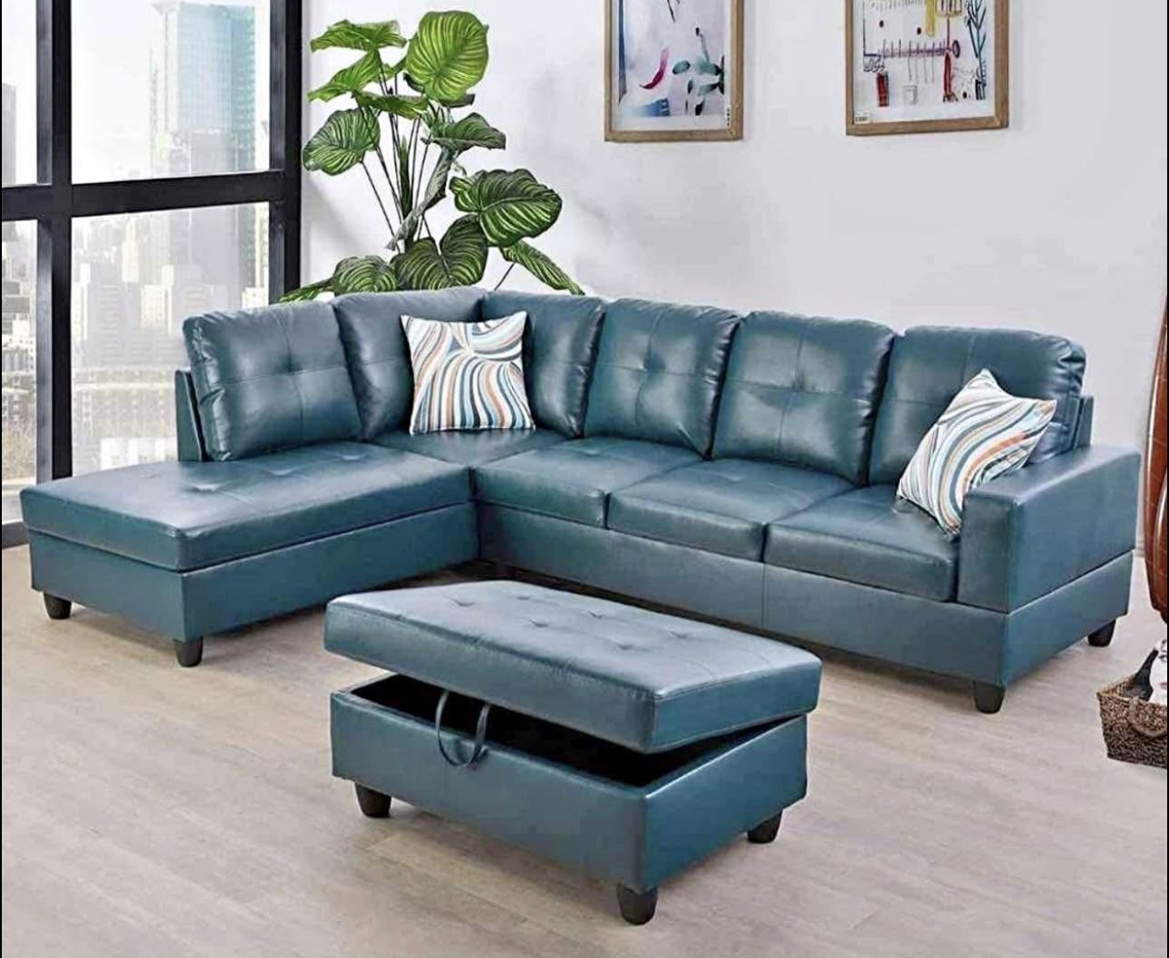 Blue Leather Sectional Couch And Ottoman