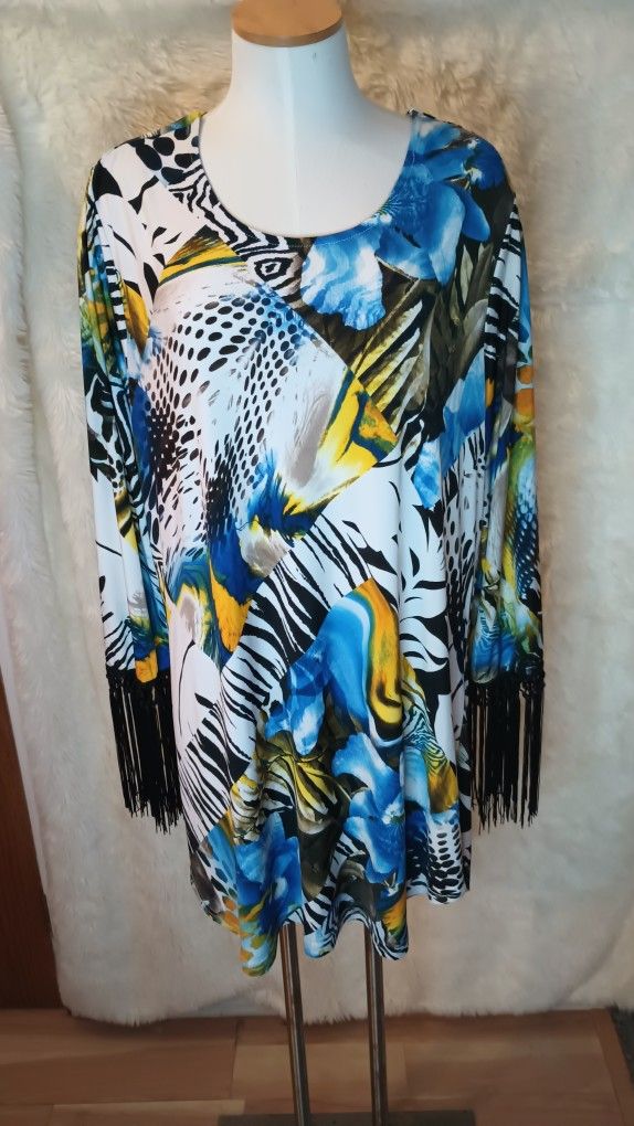 Regalia Tunic Blouse Top 3/4 Sleeve With Fringes Blue Women's 2X