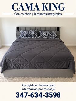 King Bed Frame with Integrated Lamps and Mattress