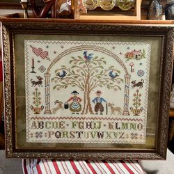 Vintage Framed Cross Stitch Alphabet Sampler Folk Art