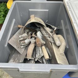 Large Bin masonry Contractors Tools Bricks, Cement , Trowels Etc 